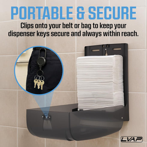 Set 10 1100, 2055, 74, 770301, E114, 3-in-1 Universal Paper Towel Dispenser Key + Retractable Key Chain - Pcs