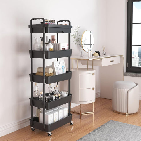 Calmootey 5-Tier Rolling Utility Cart with Drawer, Multifunctional Storage Organizer for Kitchen, Bathroom, Office,