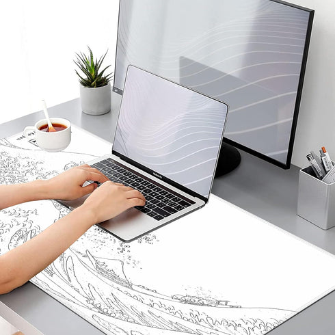 Black and White Large Mouse Pad, Japanese Sea Wave White Desk Pad for Keyboard and Mouse, Non-Slip Rubber Edge