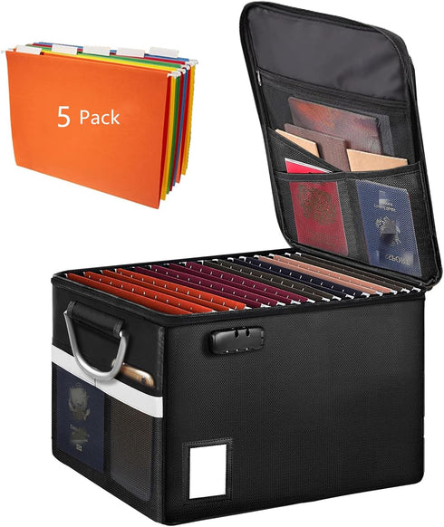 Fireproof Document Box with 5 Pack Hanging File Folders (Letter Size), Portable Organizer Box with Lock and Handle (5