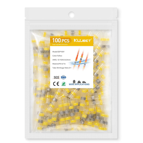 Kuject 100PCS Solder Seal Wire Connectors, AWG 12-10, Yellow Heat Shrink Butt Connectors for Marine Boat Wire Joint