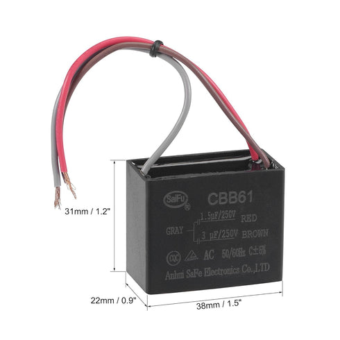 uxcell Ceiling Fan Capacitor CBB61 1.5/3uF 250V AC 3 Wires for Electric Fan Pump Motor Generator