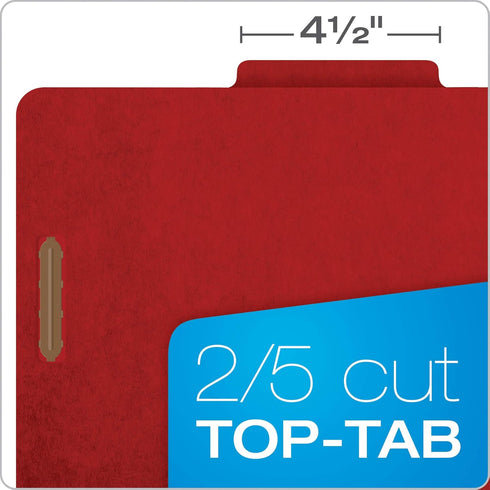 Pendaflex Pressboard Classification File Folders, 3 Dividers, 2" Fasteners, 2/5 Tab Cut, Letter Size, Bright Red, Box