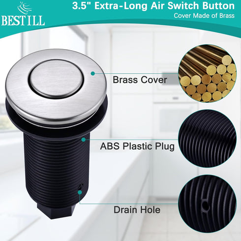 Brushed Nickel Sink Top Garbage Disposal Air Switch Button with Air Hose, Long Button