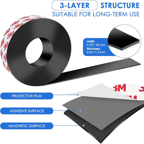 Strong Adhesive Magnetic Tape Strip Roll, 0.78" x 32ft, Cuttable Sheets for DIY Art Projects & Fridge Organization