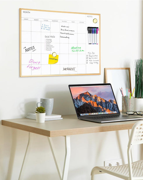 VUSIGN Magnetic Monthly Calendar Whiteboard, 17'' x 23'' Dry Erase Calendar for Wall, Gold Wooden Frame