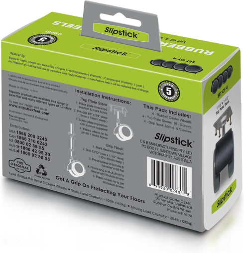 Slipstick CB681 Rubber Caster Wheels, 2 Inch Floor Protector, Set of 4, Black/Gray Green