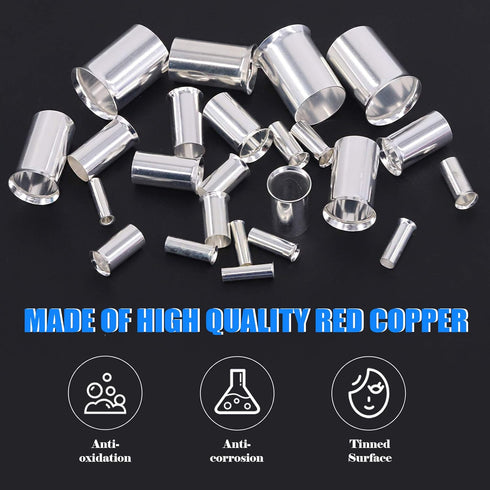 Glarks 166Pcs Wire Ferrules Kit, 8 Sizes AWG 12 10 8 6 4 2 1 2/0, Silver Plated Copper Crimp Connectors