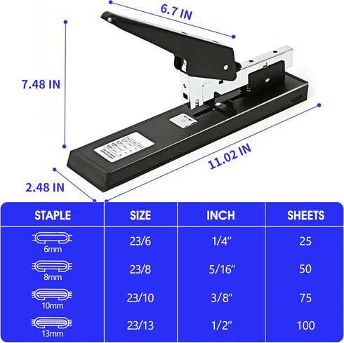 Heavy Duty Stapler for Office with 100 Sheet Capacity, 1PACK Manual Big Metal Stapler, max use 23/13 Staples
