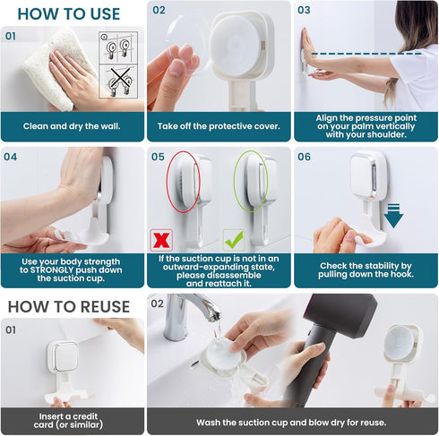 2 Pack, TAILI Suction Cup Razor Holder for Shower Wall Versatile Suction Cup Hooks for Razor, Towel, Loofah, Squeegee
