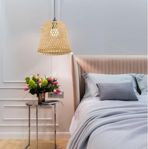 24cm Cabilock Bamboo Woven Lamp Shade, Handmade Weave Lampshade Natural Wicker Chandelier Lamp Cover Boho Lamp Shades