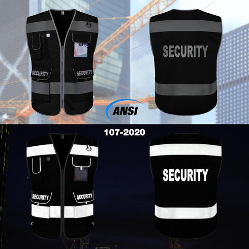 9 (G100S-Black, TCCFCCT Security Vest for Security Guard Pockets High Visibility Reflective Safety Vest for Men Women