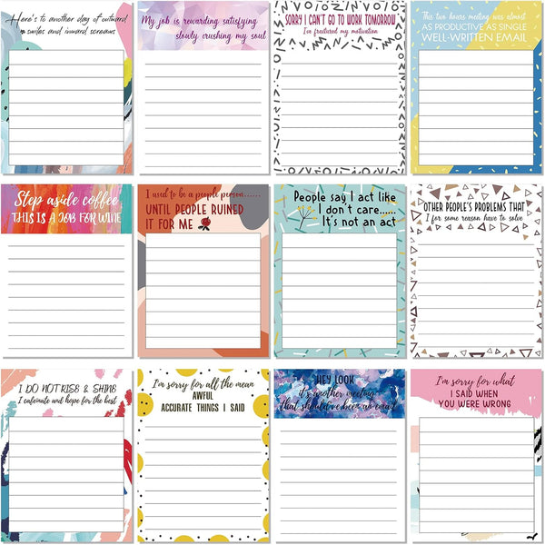Funny Notepads with Sayings, Sticky Office Supplies, Sarcastic To Do List Notepad for Workers, 12 Designs, 3 x 3.93 Inch