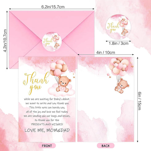 50 Pack 4 6 Inch Baby Shower Thank You Cards with Envelopes Stickers - Cute Bear Baby Shower Cards - Baby Girl/Baby Boy