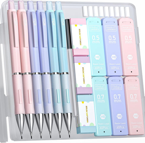 Four Candies Pastel Mechanical Pencil Set - 6PCS 0.5 mm & 0.7mm Pencils with 360PCS HB #2 Lead Refills for Students