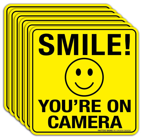 Smile You're On Camera Sign Stickers, 6 Pack - 6 x 6 Inches - Laminated for Ultimate UV, Weather, Scratch Resistance