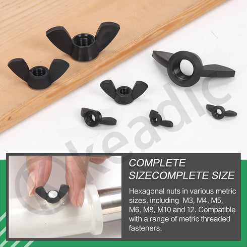 Keadic 110Pcs Nylon Metric Wing Nuts Assortment Set, M3 M4 M5 M6 M8 M10 M12, Black Hand Twist Tighten Butterfly Nut