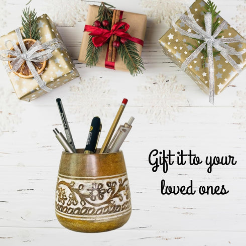Mie Creations Designer Pencil Holder for Desk, Cute Wooden Paintbrush Cup, Office Desktop Organizer for Art Supplies