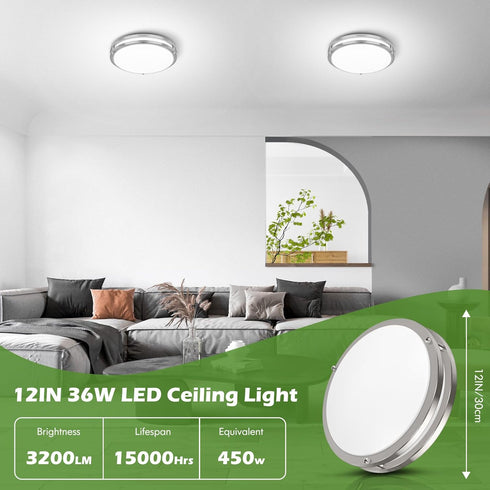 1-Pack 36W (450W 12IN Dimmable 3200LM, 2700K/3000K/4000K/5000K/6500K LED Ceiling Light Fixture Equiv), Modern Flush
