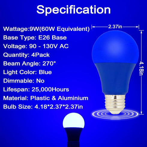 LED Blue Light Bulbs 4 Pack - A19 E26 Base Blue Bulb 9W (60W Equivalent) , Colored - Blue Lightbulbs for Outdoor Porch, Indoor Bedroom, Christmas Party Decoration, Holiday Lighting, Halloween Decor by CICINY