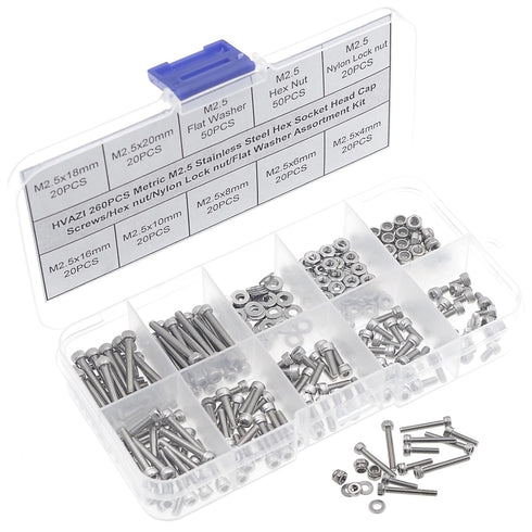 Metric M2.5 Stainless Steel Knurled Socket Head Cap Screws Kit, Screws Lengths from 4mm to 20mm, with Hex Nuts/Nylon
