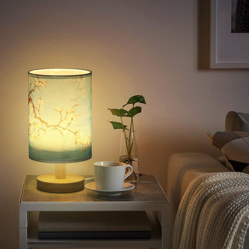 MABCIRY 2) Fabric Wood Table Lamp for Bedroom, USB LED Bedside Night Lamp with Linen Fabric Lampshade, Decorative