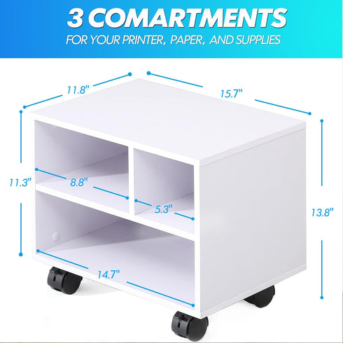 FITUEYES Under Desk Printer Stand - Mobile Small Printer Table with 3 Storage Organizer Compartments, White