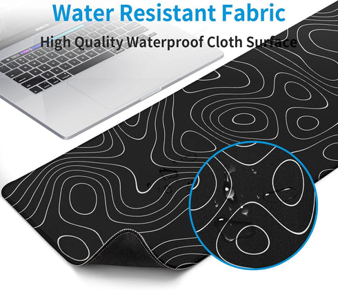 Large Topographic Map Gaming Mouse Pad for Desk, Black Desk Pad with Non-Slip Rubber Base, Desk Decor
