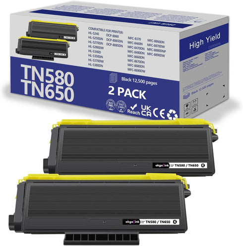 OKGO Compatible TN580 TN650 Toner Cartridge 2 Pack Replacement for Brother TN620 TN550 (High Yield, Black)