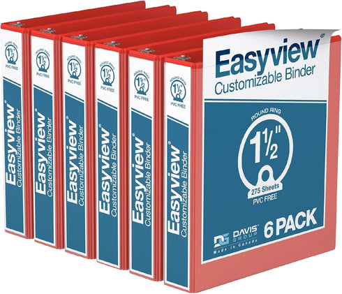 EasyView Premium 1.5-Inch Binders, Clear-View Covers, 3-Ring Binders for School, Office, or Home, Pack of 6, Red