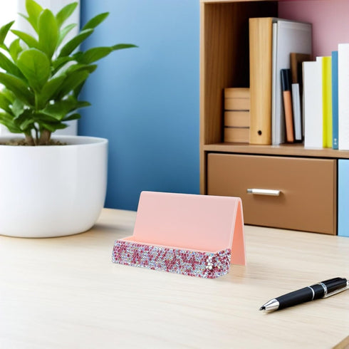 Baluue Rhinestones Business Card Holder Pink Single-sided Desk Organizer with Greeting Card Storage for Office Desktop