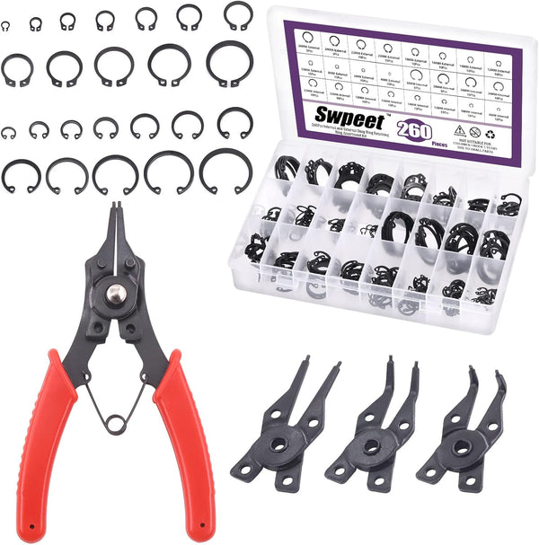 Swpeet 262Pcs 4 in 1 Snap Ring Pliers, 6 Sizes 4mm to 30mm, Alloy Steel External Retaining Rings Internal Circlip Kit