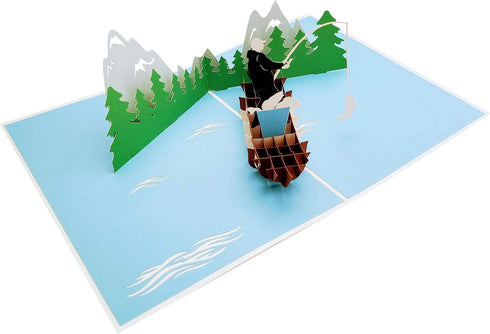 iGifts And Cards 3D Mountain Fishing Pop-Up Card – Canoe, Forest & Leaping Trout – Gift for Men, Fishermen, Nature