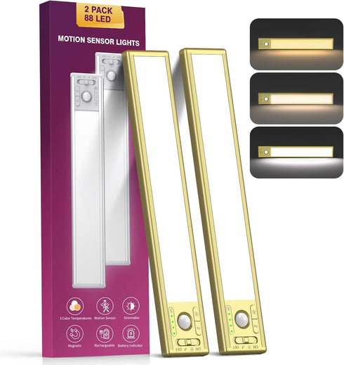 OTWKAY 10.5inch Under Cabinet Lighting with 3 Color Temps, 2 Pack Rechargeable Motion