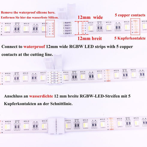 20pcs RGBW LED Strip Connector 5 Pin 12mm Wide RGBW 5050 Tape Connector, 5-Conductor Snap Down Rope Connector.