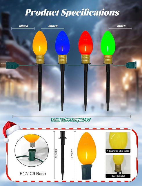 C9 7Ft 4 C9 Bulbs, Christmas Pathway Stake Lights, String Lights with Jumbo Multicolor LED Stake, Christmas Decorations