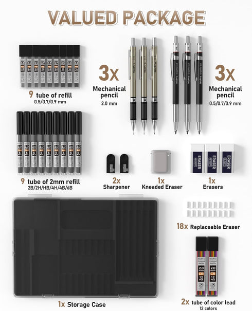 Nicpro 35PCS Art Mechanical Pencil Set, 3 PCS Metal Drafting Pencil with 20 Tube Lead Refills Case