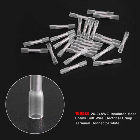 Heat Shrink Butt Connectors, 100pcs 26-24AWG Waterproof Insulated Electrical Wire Crimp Terminals Kits for Marine