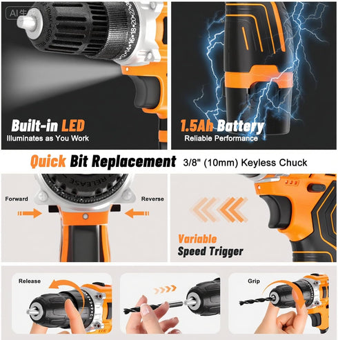 12V Set, 42pcs Accessories,2-Speed, 24+1 Cordless Electric Drill Driver Powerful Lightweight Portable Rechargeable
