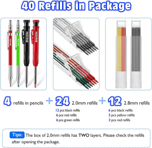 Enhon Mechanical Pencil Set with 4 Carpenter Pencils and 40 Refills, Woodworking Tools for Carpenters (Green, Red,