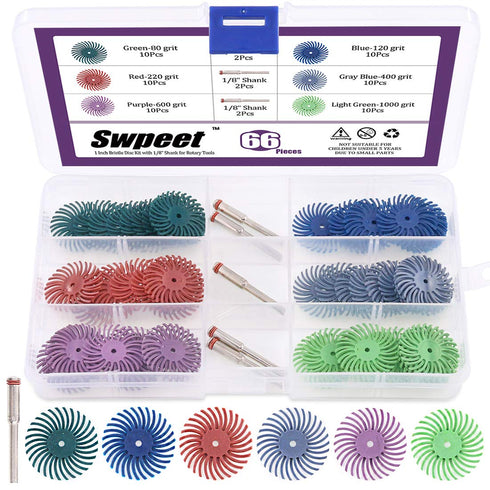 Swpeet 66Pcs 1 Inch Mixed Grit Radial Bristle Disc Abrasive Brush Kit with 1/8" Shank for Rotary Tools