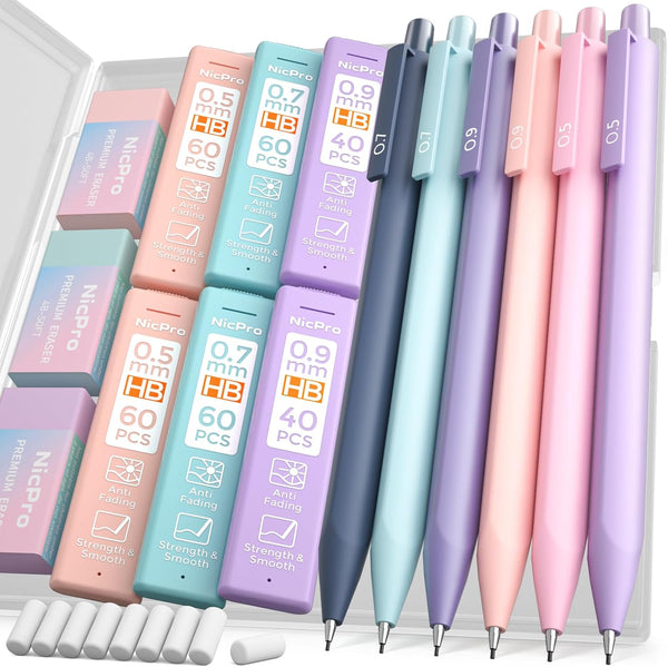 Nicpro 6PCS Pastel Mechanical Pencil Set, 0.5 & 0.7 & 0.9mm with 6 Tubes HB Lead Refill, 3 Erasers, 9 Refills, Cute Case
