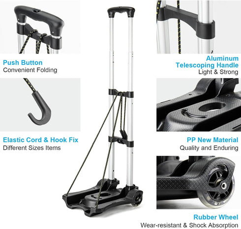 Vsaikeo 2 Small Folding Hand Truck Dolly with Wheels, Lightweight Aluminum Foldable Luggage Cart, Collapsible Cart