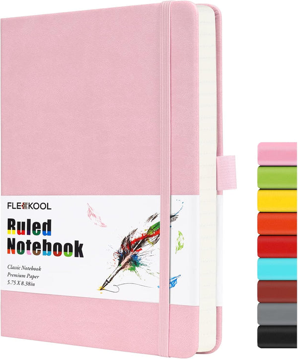 Lined Journal Notebook, Hardcover, 216 Pages, A5 College Ruled, 100gsm Thick Paper, Pen Loop, Inner Pocket, Pink