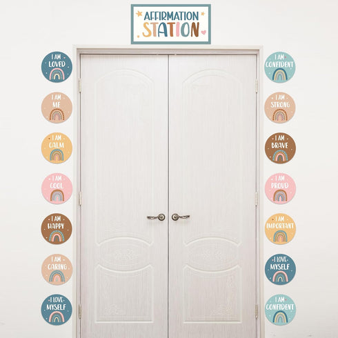BOHO Affirmation Station Bulletin Board Set with Rainbow Positive Cutouts for Classroom, Inspirational Growth Mindset