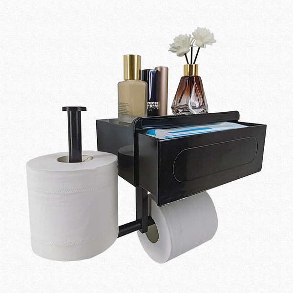 Generic Toilet Paper Holder with Built-in Storage Drawer | Glossy Black/White Plastic Bathroom