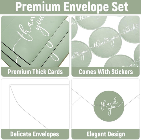 Naozinebi 100 Pack 6x8 Inches Thank You Cards with Envelopes and Stickers Green Sage Thanks Greetings Card Minimalistic
