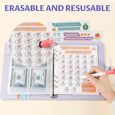 ONEDONE 100 Envelopes Money Saving Challenge Binder A5, Cash Envelopes and Erasable Marker for Saving