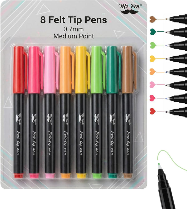 Mr. Pen- Felt Tip Pens, 8 Pack, 0.7mm Colorful Felt Pens, No