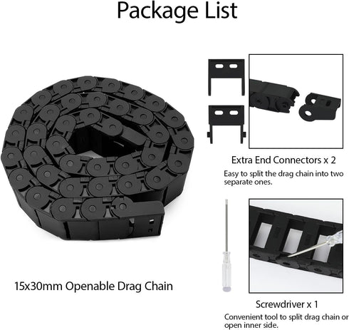 R28/38 Black Plastic Cable Wire Carrier Drag Chain, 15mm x 30mm (Inner H x Inner W), 1M Length for CNC with End